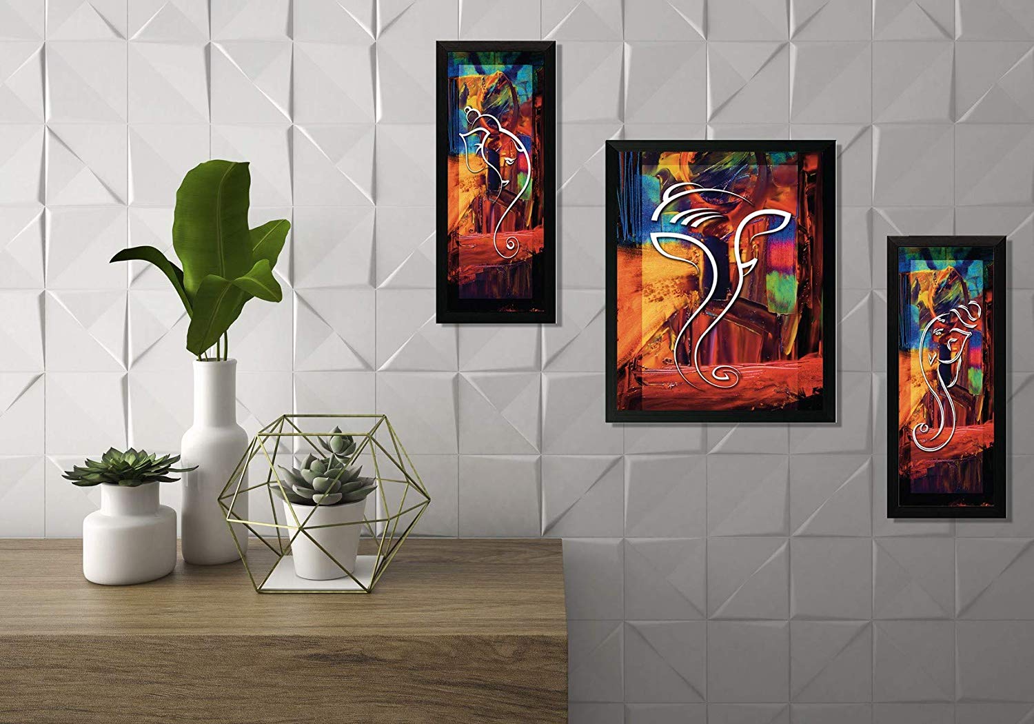Nobility Ganesha Framed Painting - Exclusive Wall Art Statue - Set of 03