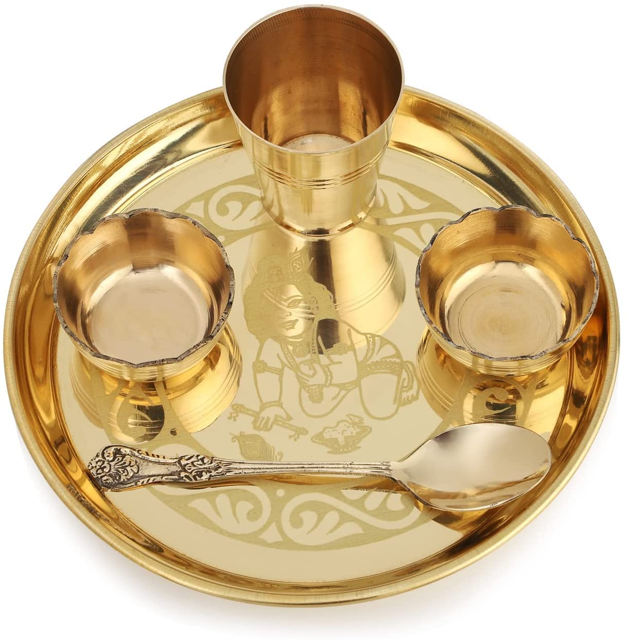 Bengalen Brass Pooja Bhog thali Set 7 Inch With Red Velvet Gift Box Festival Kanha Krishna Thali Puja Set for Diwali Home Office Mandir Wedding Return Gift Items