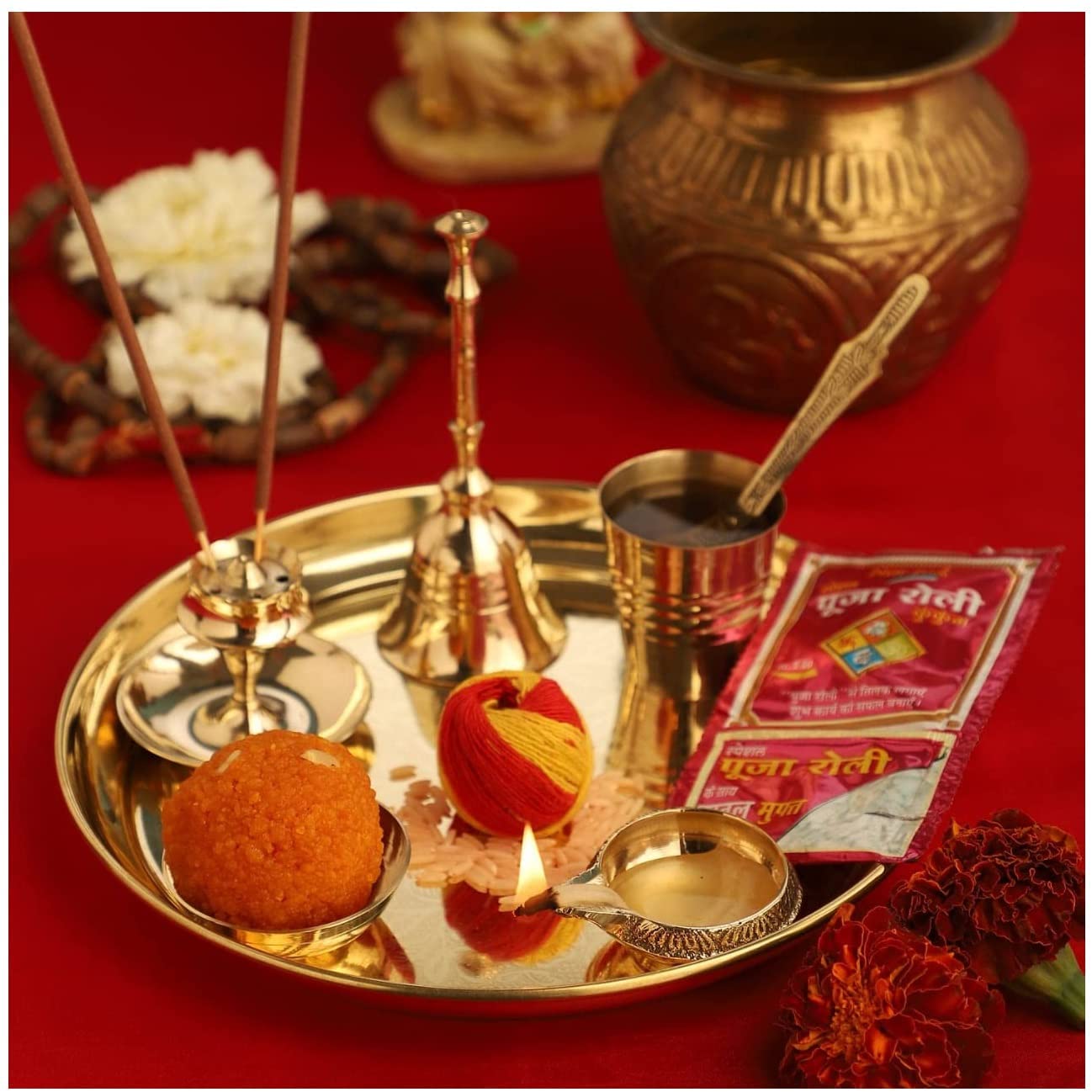 Bengalen Brass Pooja thali Set 7 Inch Festival Ethnic Puja Thali for Diwali Home Office Mandir Wedding Return Gift Items
