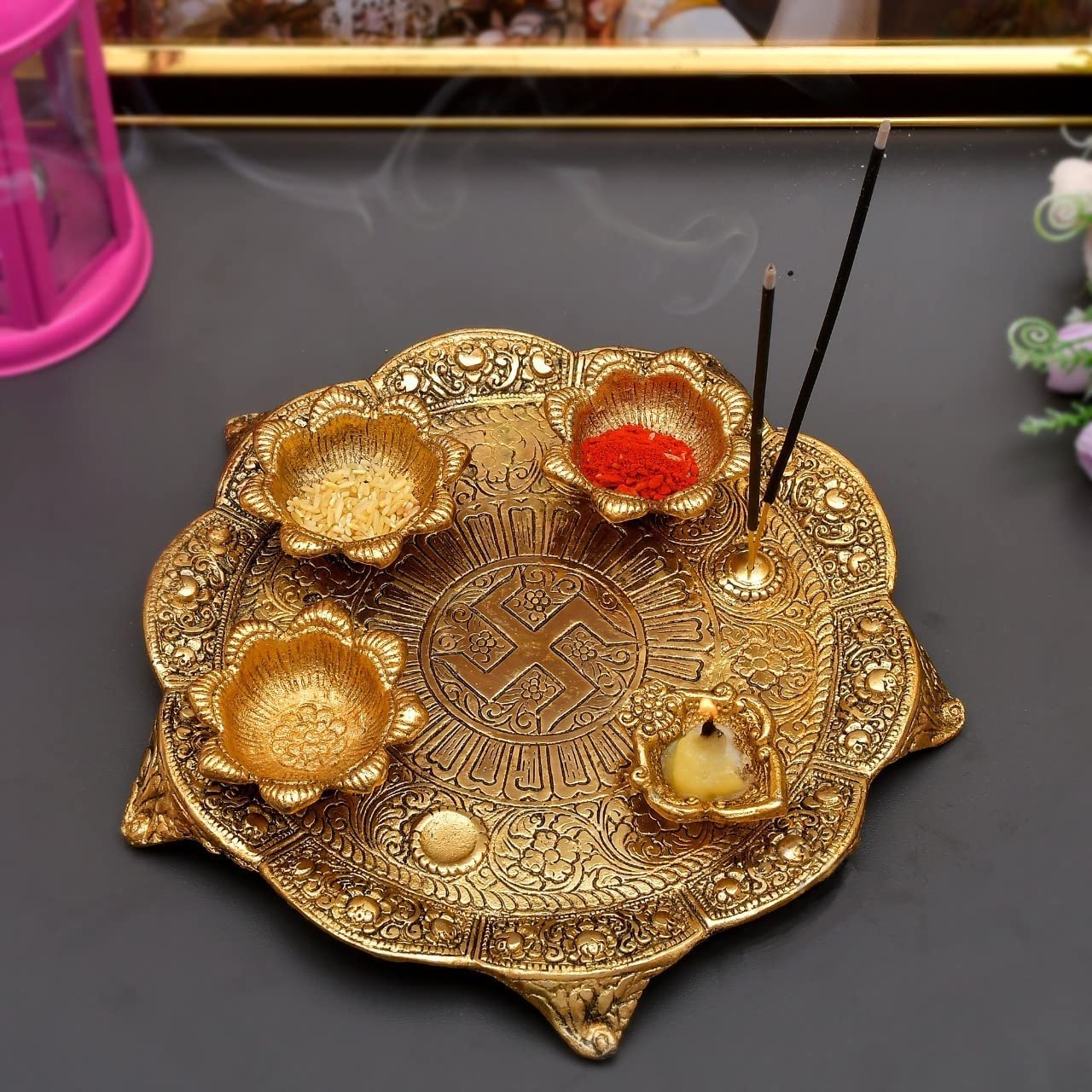 Bengalen Metal Pooja thali Set 8 Inch for Festival Ethnic Puja Thali for Diwali, Home, Temple, Office, Wedding Return Gift Items
