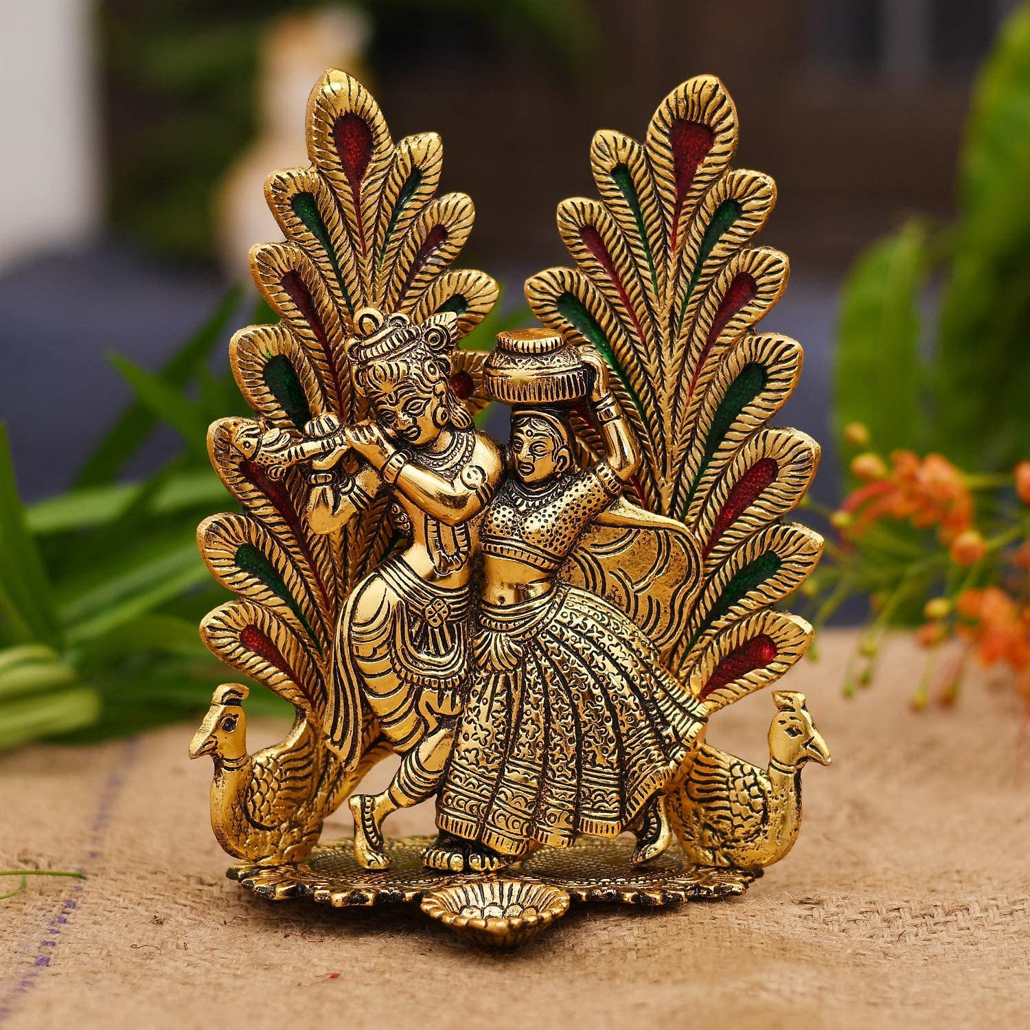 Bengalen Metal Gold Plated Radha Krishna Idol Statue with Diya Peacock Design Hindu Religious Radha Krishan Showpiece