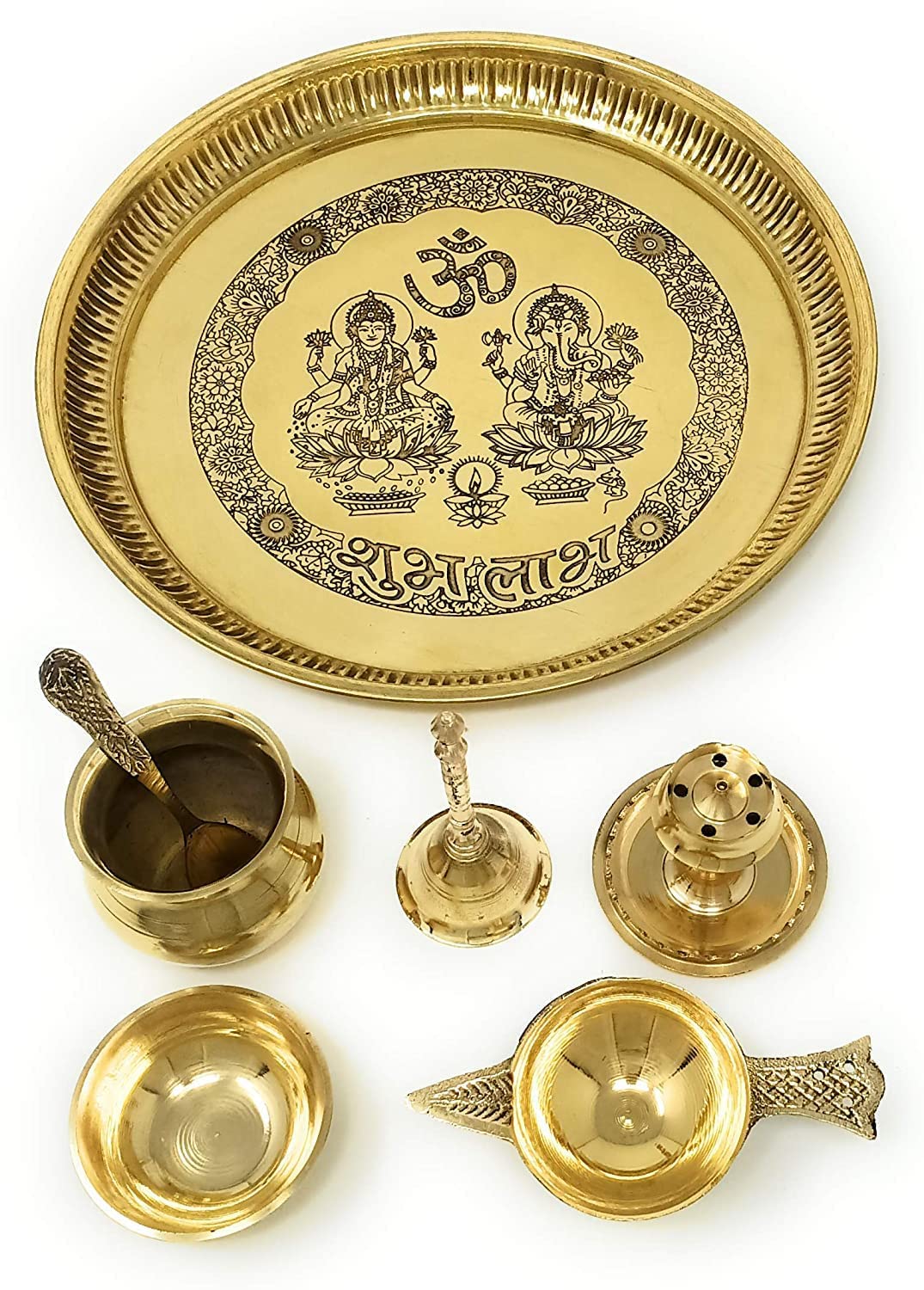 Bengalen Brass Pooja thali Set 8 Inch Puja Set for Diwali Home Office Mandir Wedding Return Gift Items