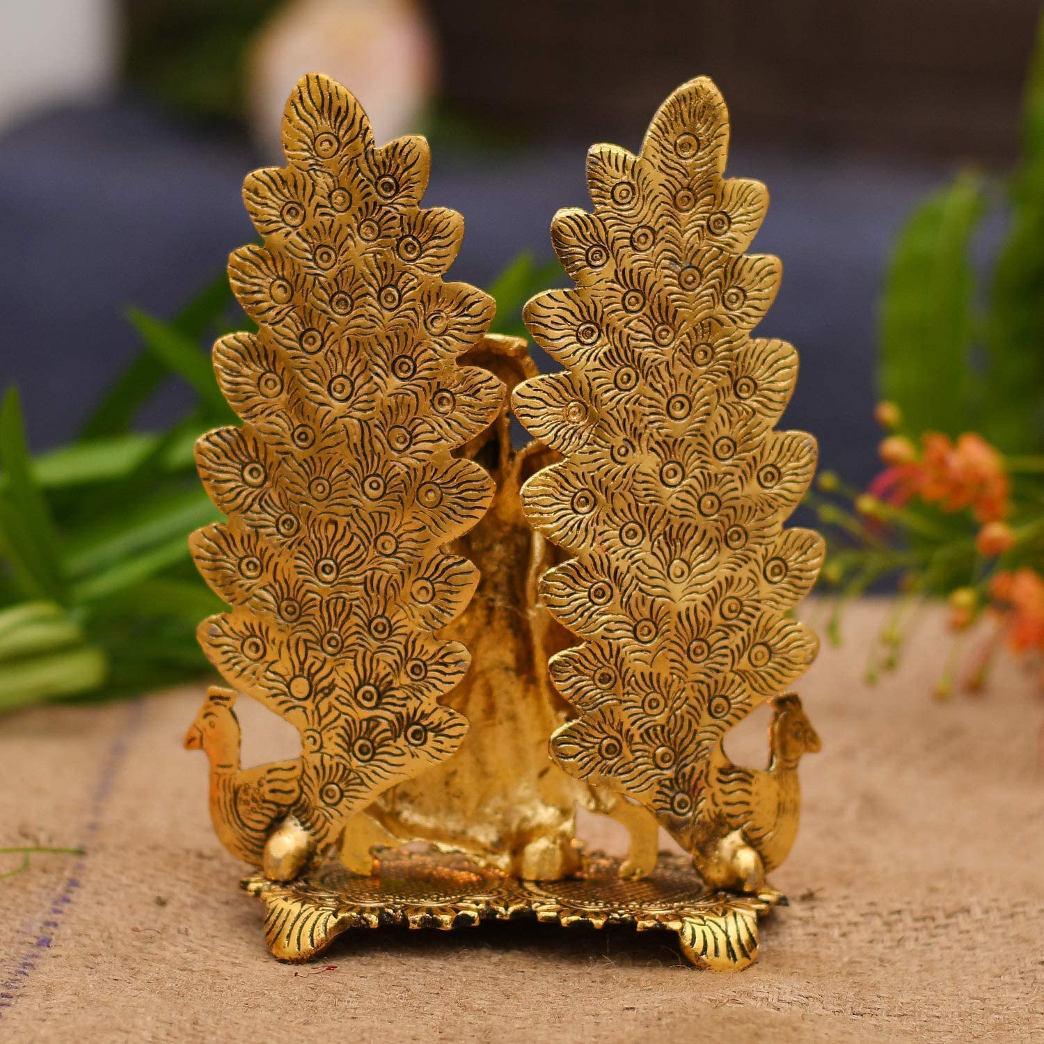 Bengalen Metal Gold Plated Radha Krishna Idol Statue with Diya Peacock Design Hindu Religious Radha Krishan Showpiece