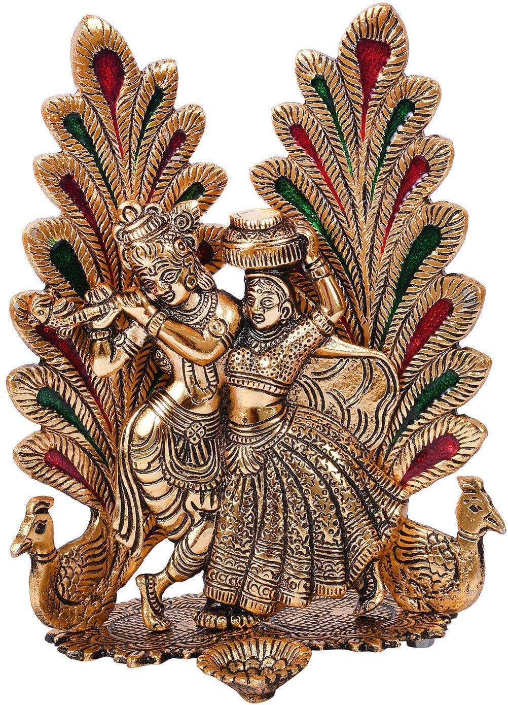 Bengalen Metal Gold Plated Radha Krishna Idol Statue with Diya Peacock Design Hindu Religious Radha Krishan Showpiece