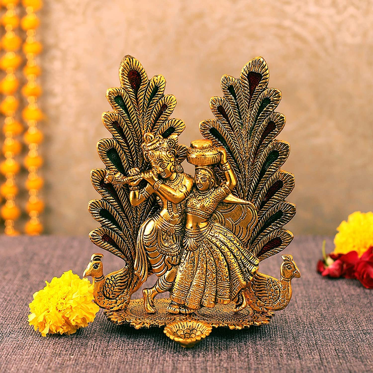 Bengalen Metal Gold Plated Radha Krishna Idol Statue with Diya Peacock Design Hindu Religious Radha Krishan Showpiece
