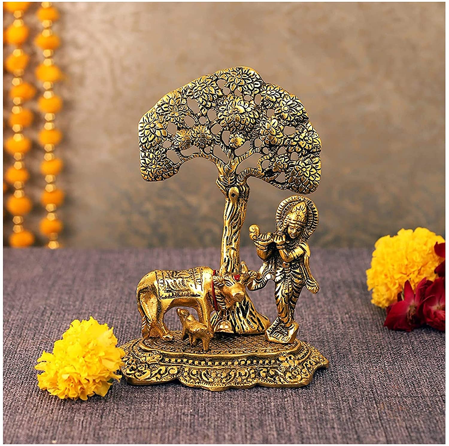 Bengalen Krishna with Cow and Calf Under Tree Idol Hindu Religious Murti for Janmashtami Home Decoration Temple Pooja Decor Wedding Gifts