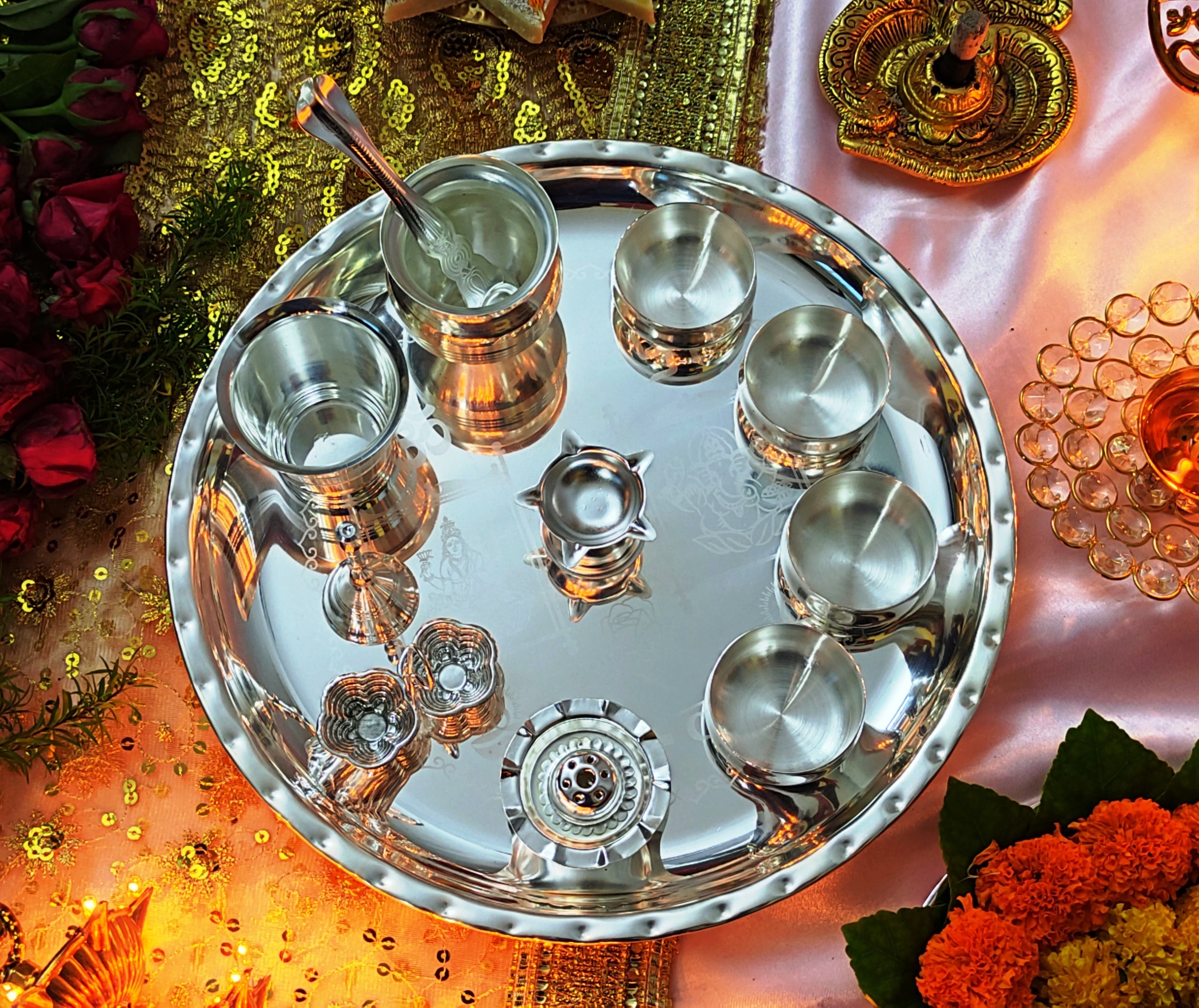 Bengalen Silver Plated Pooja Thali Set 12 Inch with Accessories Puja Decorative Items for Home Mandir Office Wedding Return Gift